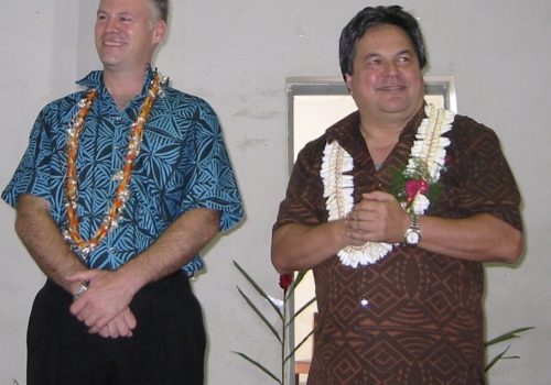Deputy Prime Minister of Samoa, Misa Telefoni, and Gregory F Casagrande, look into the crowd, prior to their respective keynote addresses at an SPBD Awards event in Samoa.