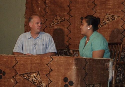 Gregory F Casagrande, on the set and being interviewed live on TV3 Samoa.